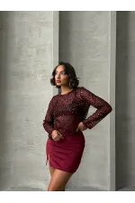 Topshow Bordo Suet Yırtmaclı Toptan Etek | F1573