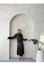 Kraşlı Saten Önden Bağlamalı Toptan Bluz - Kahve | Topshow | F1916