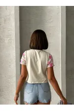 Topshow Raw Pink Short Sleeve Checkerboard Pattern Crochet Wholesale Blouse