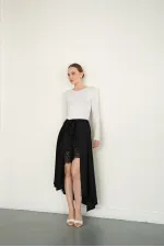 Dantel Detaylı Saten Toptan Etek - Siyah | D2976 - Topshow