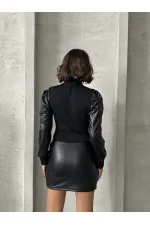 Blouse en maille avec détails en cuir - Noire | TOPSHOW | F1111