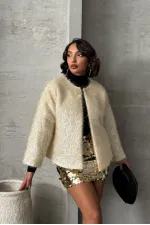 Simli Saçaklı Toptan Hırka - Krem | TOPSHOW | F1837