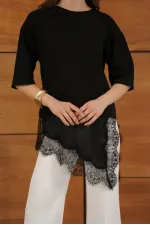 D 2942 ASYMMETRICAL T-SHIRT WITH LACE AND SATIN DETAILS - BLACK