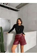 Kemerli Deri Toptan Şort - Bordo | TOPSHOW | F1497