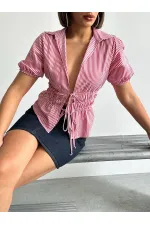 Önden Bağlamalı Çizgili Gömlek - Bordo Topshow