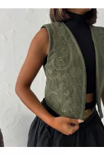 Topshow - Wholesale Corduroy Embroidered Vest - Khaki