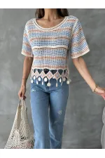 Topshow Orange Mesh Bottom Pompom Wholesale Blouse