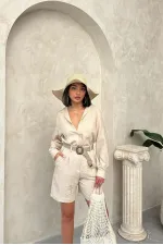 Kemer Detaylı Nakışlı Keten Şort - Taş | Topshow