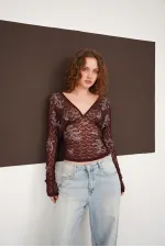 Blouse en dentelle à col V en gros - Café | F2093 - Topshow