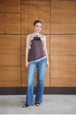 Lace Detail Polka Dot Satin T-Shirt - Coffee | D2961 - Topshow