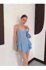 D3003  PUANTİYELİ ASKILI MİNİ ELBİSE - MAVİ KAHVE