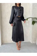 Kraşlı Saten Toptan Etek - Siyah | Topshow | F1915