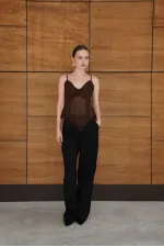 Askılı Dantel Detaylı Tül Toptan Bluz - Kahve | D2979 - Topshow