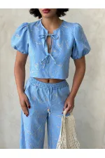 Embroidered Front Tie Wholesale Blouse - Light Blue | Topshow