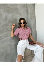 Topshow Red Striped Belt Detailed Striped Wholesale Shirt