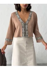 Topshow Şerit Detaylı Scuba Süet Fermuarlı Ceket - VİZON | F1971