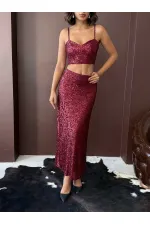 Topshow Bordo Payetli Uzun Etek - Yüksek Bel, Şık Gece Elbisesi Kombini