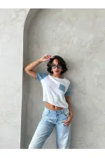 Kot Detaylı Toptan T-Shirt - Krem Mavi | Topshow