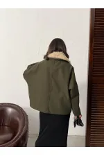 Manteau en cachemire à col peluche et boutons Topshow - Kaki | F2048