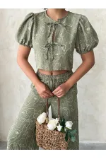 Nakışlı Önden Baglamalı Toptan Bluz - Açık Haki | Topshow