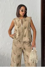 Topshow Embroidered Linen Zippered Wholesale Vest - Coffee | F2007