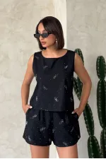 Fiyonk Taş Baskılı Kolsuz Bluz - Siyah | Topshow