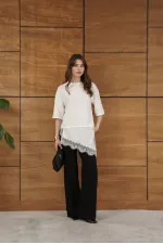 D 2942 ASYMMETRICAL T-SHIRT WITH LACE AND SATIN DETAILS - CREAM