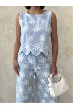 Nakışlı Kolsuz Toptan Bluz - Mavi | Topshow