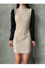 Leather Sleeved Turtleneck Knee-Length Wholesale Dress - Stone | TOPSHOW | F1143