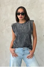 Blouse noire délavée avec détails en pierre - Vente en gros | Topshow