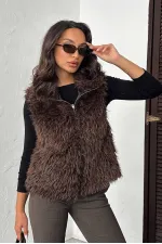 Gilet en fausse fourrure pour femme Topshow (vente en gros) – Fermeture éclair, texture douce – Marron foncé | F2046
