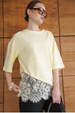 T-shirt asymétrique à détails en dentelle - Jaune | D2953 - Topshow