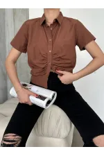 Topshow Brown Gipel Front Gathered Wholesale Blouse