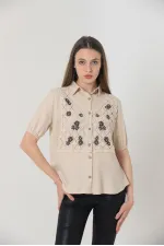 Topshow Taş Yarım Kol Dantel Detaylı Toptan Gömlek