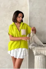 Topshow Pistachio Green Linen Raw Pocket Applique Pocket Linen Wholesale Shirt