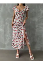 Topshow Kırmızı Çiçek Baskılı Toptan Elbise