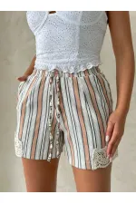 Paça Dantelli Çizgili Şort - Pudra | Topshow