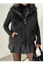 Gilet en fausse fourrure pour femme Topshow (vente en gros) – Fermeture éclair, texture douce – Noir | F2046