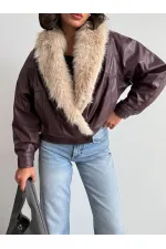 Veste en cuir croisée à col en fourrure Topshow - Bordeaux | F2050