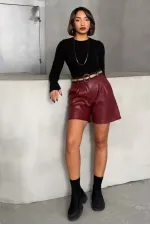 Kemerli Deri Toptan Şort - Bordo | TOPSHOW | F1497