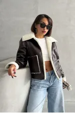 Manteau zippé en cuir laminé - Crème café | TOPSHOW | F1511