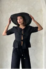 Önden Bağlamalı Nakışlı Toptan Bluz - Siyah Siyah | Topshow