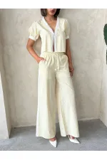 Güpür Detaylı Çizğili Pantolon - Sarı | Topshow