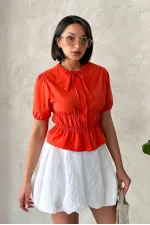 Yaka Detaylı Büzgülü Gömlek - Oranj Topshow
