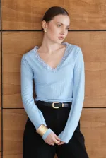 Yakası Dantel Detaylı Sweatshırt - Mavi | F2088 - Topshow