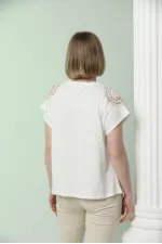 Topshow Krem Omuzu Dantelli Toptan T-Shirt