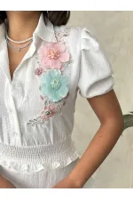 Topshow Cream Floral Chest Linen Wholesale Shirt