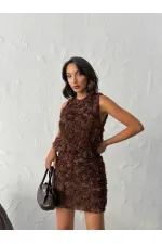 Topshow - Toptan Gül Desenli Tül Etek - Kahve