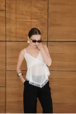 Askılı Dantel Detaylı Tül Toptan Bluz - Krem | D2979 - Topshow