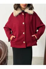Manteau en cachemire boutonné à col peluche Topshow - Bordeaux | F2048